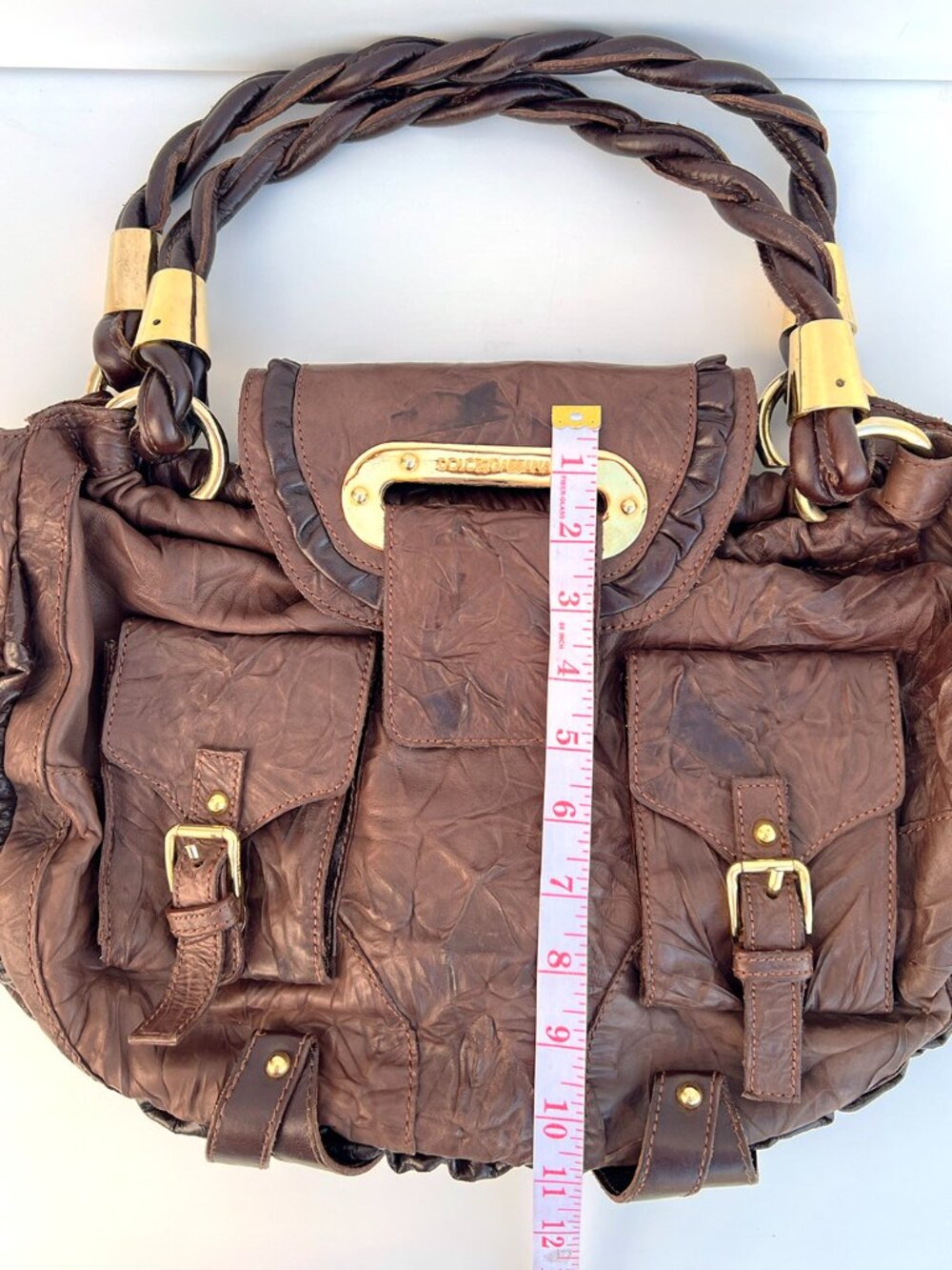 Authentic DOLCE & GABBANA Mainline Brown Crinkled Leather Braided Hobo Bag Y2K - Picture 13 of 13